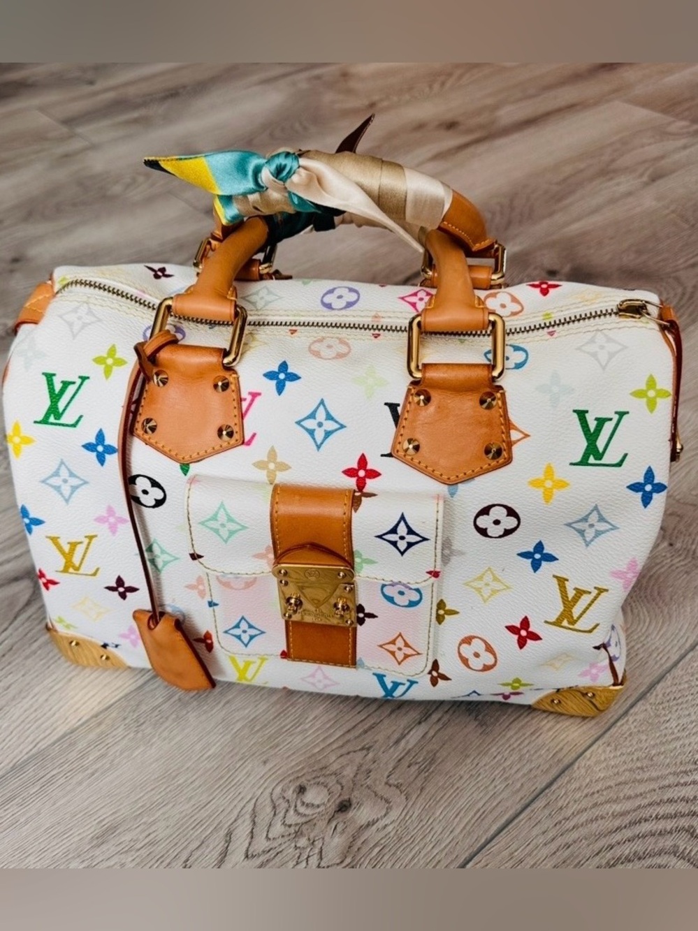 Louis Vuitton White Multicolor Murakami Monogram with Tan Trim